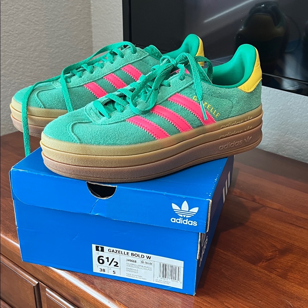 Adidas Gazelle Bold Green with Pink and Yellow